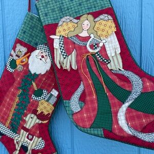 Set Of Two Holiday Red Stockings with Angel and Santa Motif